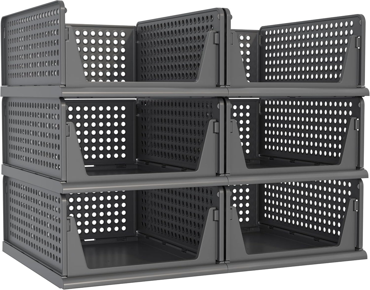 Pinkpum 6 Pack Closet Organizer Storage Bins Stackable Plastic Drawer Shelf Basket for Clothing Stackable Storage Bins Shelf Storage Container for Closet Wardrobe Bedroom Bathroom Office Black Foldable