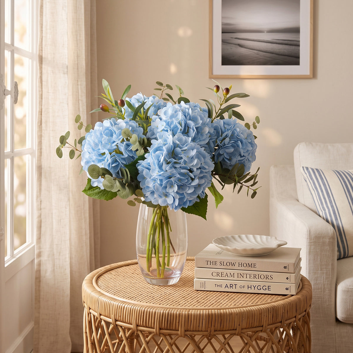 Pinkpum 6 Pcs Blue Hydrangea Artificial Flowers with Olives & Eucalyptus Total 12 Pcs, Latex Real Touch, Lifelike, 21 inch, for Vase Home Decor Party Arrangements Wedding Bouquets Table Centerpieces