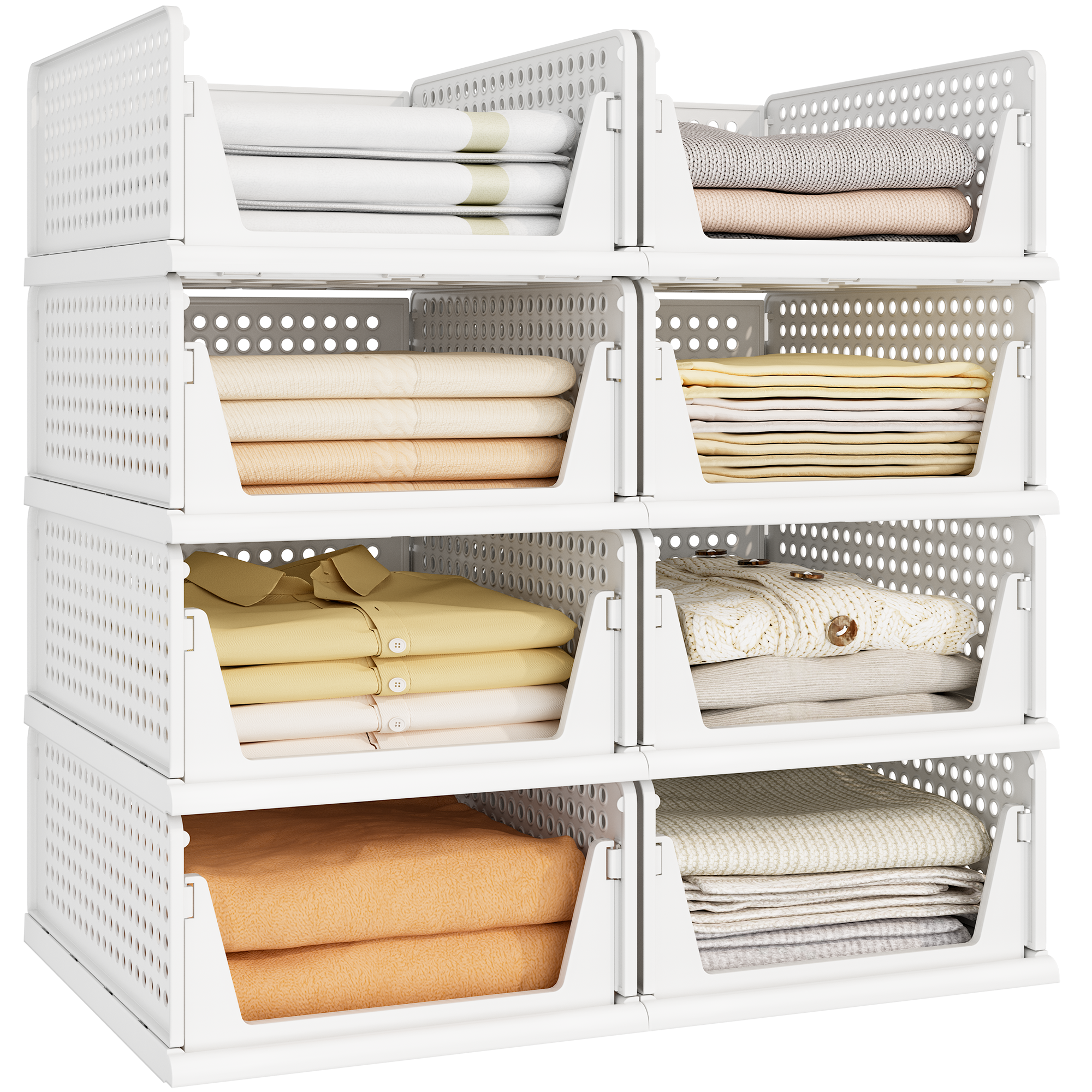 8 Pack Closet Organizers and Storage Plastic Stackable Storage Bins, Foldable Drawer Shelf Storage Container for Wardrobe Kitchen Bathroom Dorm White