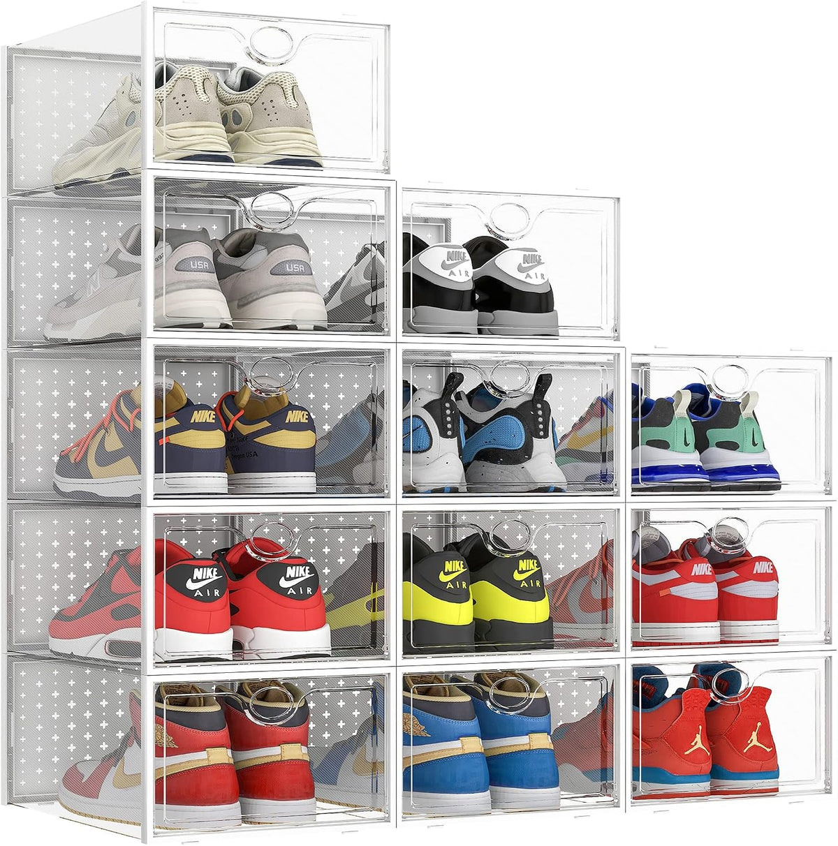 Pinkpum XXL 12 Pack Shoe Storage Box Clear Plastic Stackable Shoe Organizer Large Capacity for Size 14, 6.8” Height for High Shoes, Ventilation Holes, Sneaker Storage for Sneakerheads, Closet Entryway