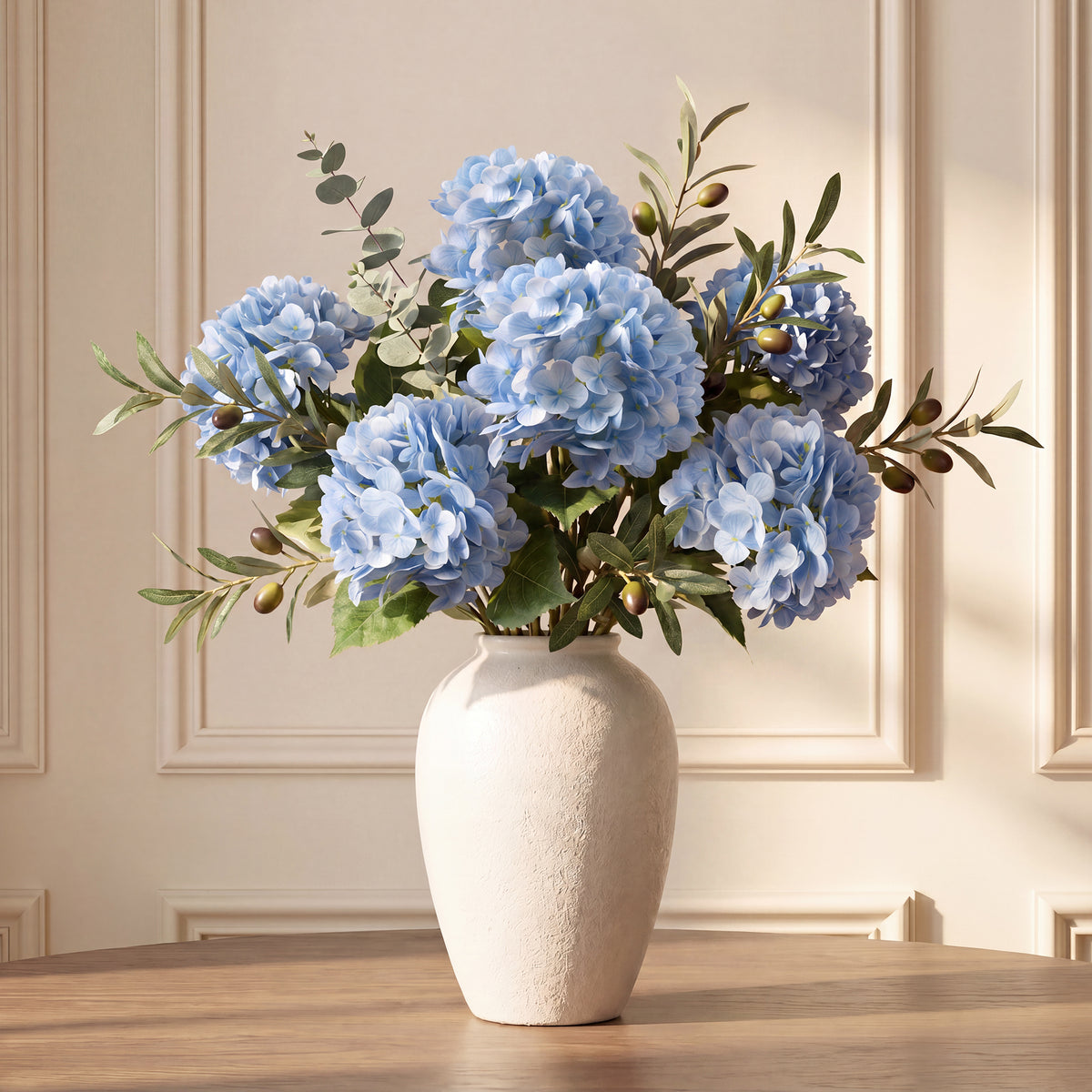 Pinkpum 6 Pcs Blue Hydrangea Artificial Flowers with Olives & Eucalyptus Total 12 Pcs, Latex Real Touch, Lifelike, 21 inch, for Vase Home Decor Party Arrangements Wedding Bouquets Table Centerpieces