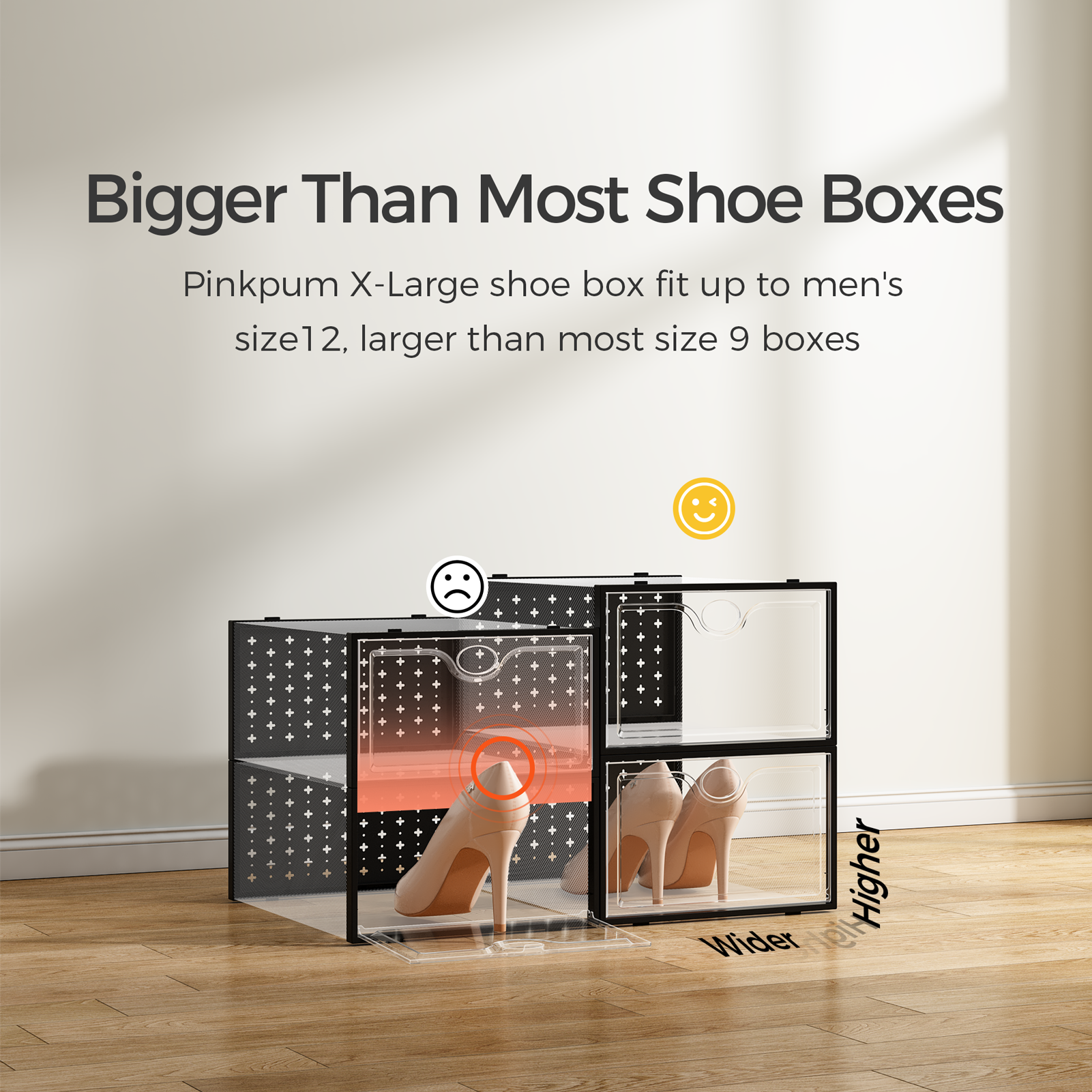 Pinkpum 15 Pack X-Large Shoe Storage Boxes Fit Size 11, Shoe Organizer for Closet Clear Plastic Stackable Shoe Dispaly Case Bins Holder, Sneaker Storage for Sneakerheads Black