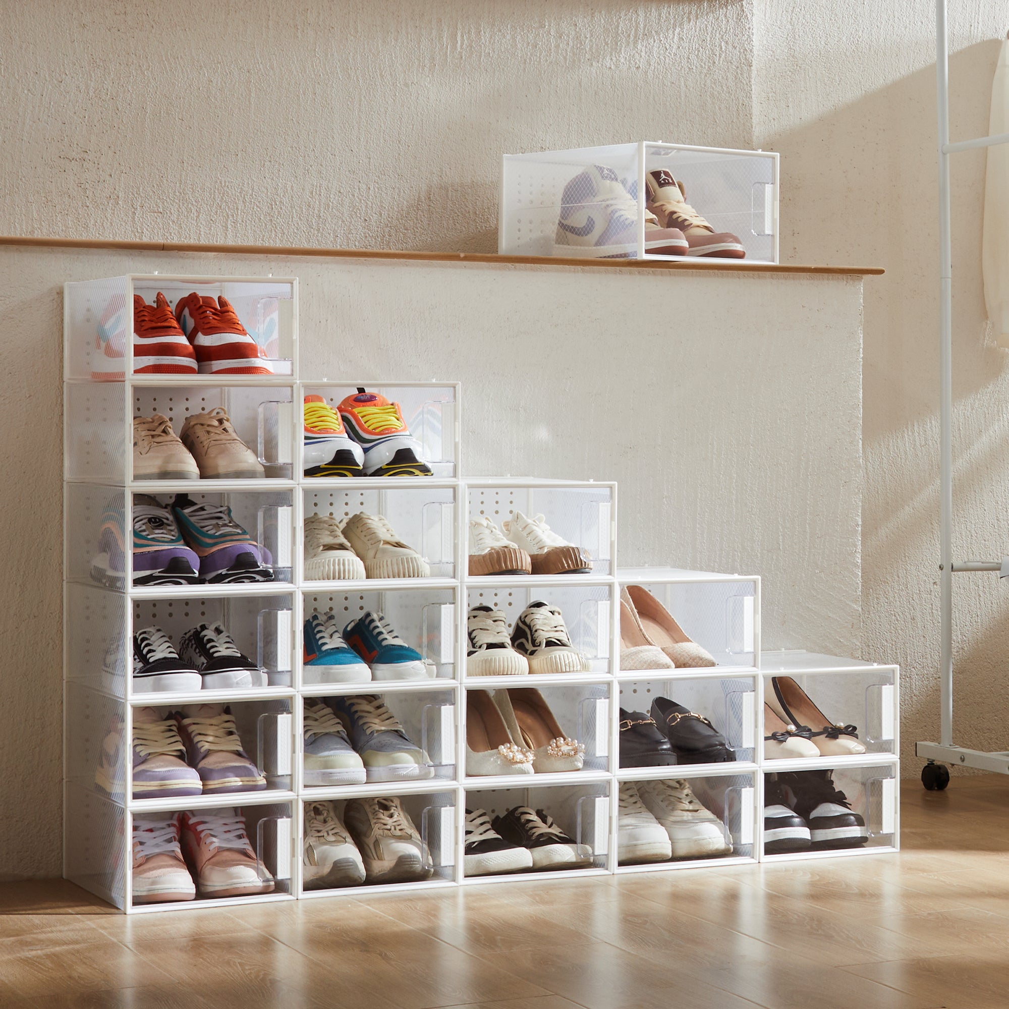 Pinkpum Shoe Organizer Storage Boxes for Closet, Clear Plastic Stackable Sneaker Storage Containers Bins with Lids, Clear Shoe Case Containers, Fit up to Size 9,12 Pack