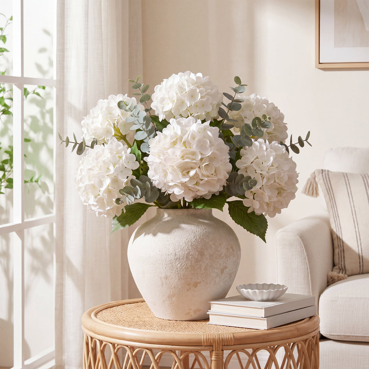 Pinkpum 6 Pcs White Hydrangea Artificial Flowers with Eucalyptus for Vase Total 12 Pcs, Latex Real Touch, Lifelike, 21 inch, For Home Decor Party Arrangements Wedding Bouquets Table Centerpieces