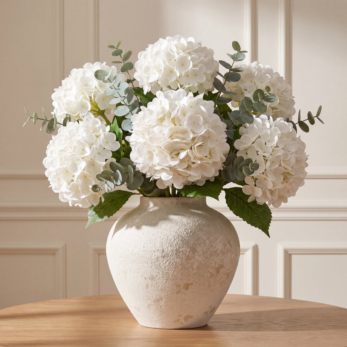 Pinkpum 6 Pcs White Hydrangea Artificial Flowers with Eucalyptus for Vase Total 12 Pcs, Latex Real Touch, Lifelike, 21 inch, For Home Decor Party Arrangements Wedding Bouquets Table Centerpieces
