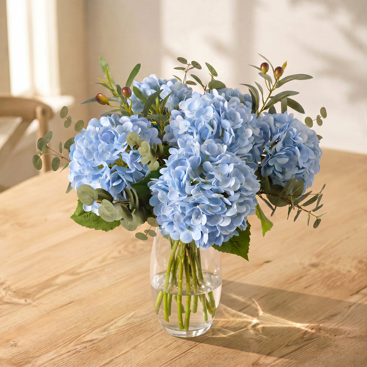 Pinkpum 6 Pcs Blue Hydrangea Artificial Flowers with Olives & Eucalyptus Total 12 Pcs, Latex Real Touch, Lifelike, 21 inch, for Vase Home Decor Party Arrangements Wedding Bouquets Table Centerpieces