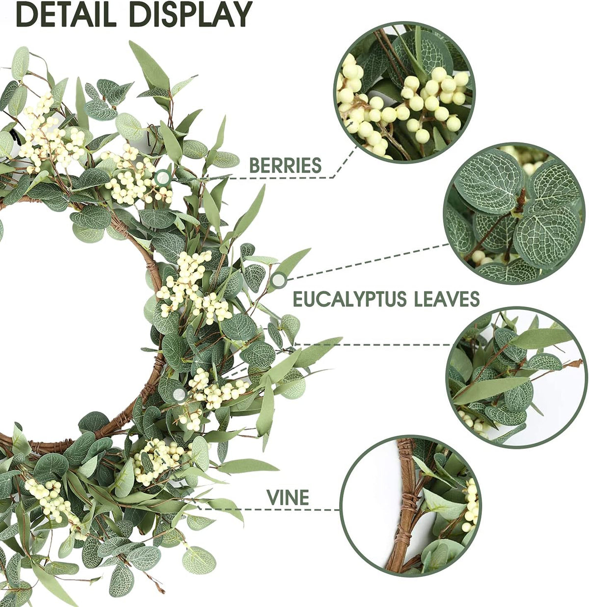 Pinkpum 20'' Eucalyptus Wreath for Front Door Porch Decor, Spring Summer Front Door, Porch, Window, Greenery Boho Farmhouse Rustic, All Year Outside, Welcome Home Decorations, Gift for Housewarming