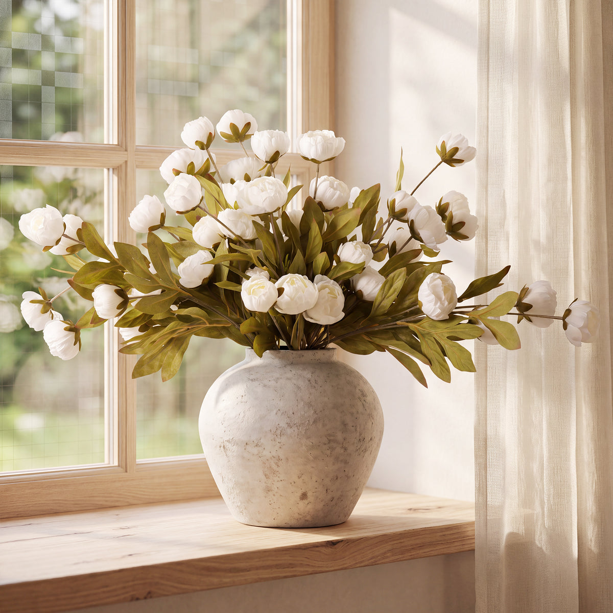 Pinkpum 12 Pcs Faux Silk Peony Artificial Flowers for Vase Decor White 27", Bulk Fake Peonies Branches with Stems for DIY, Bouquet Centerpieces Wedding Fillers Arrangements Shower Decorations