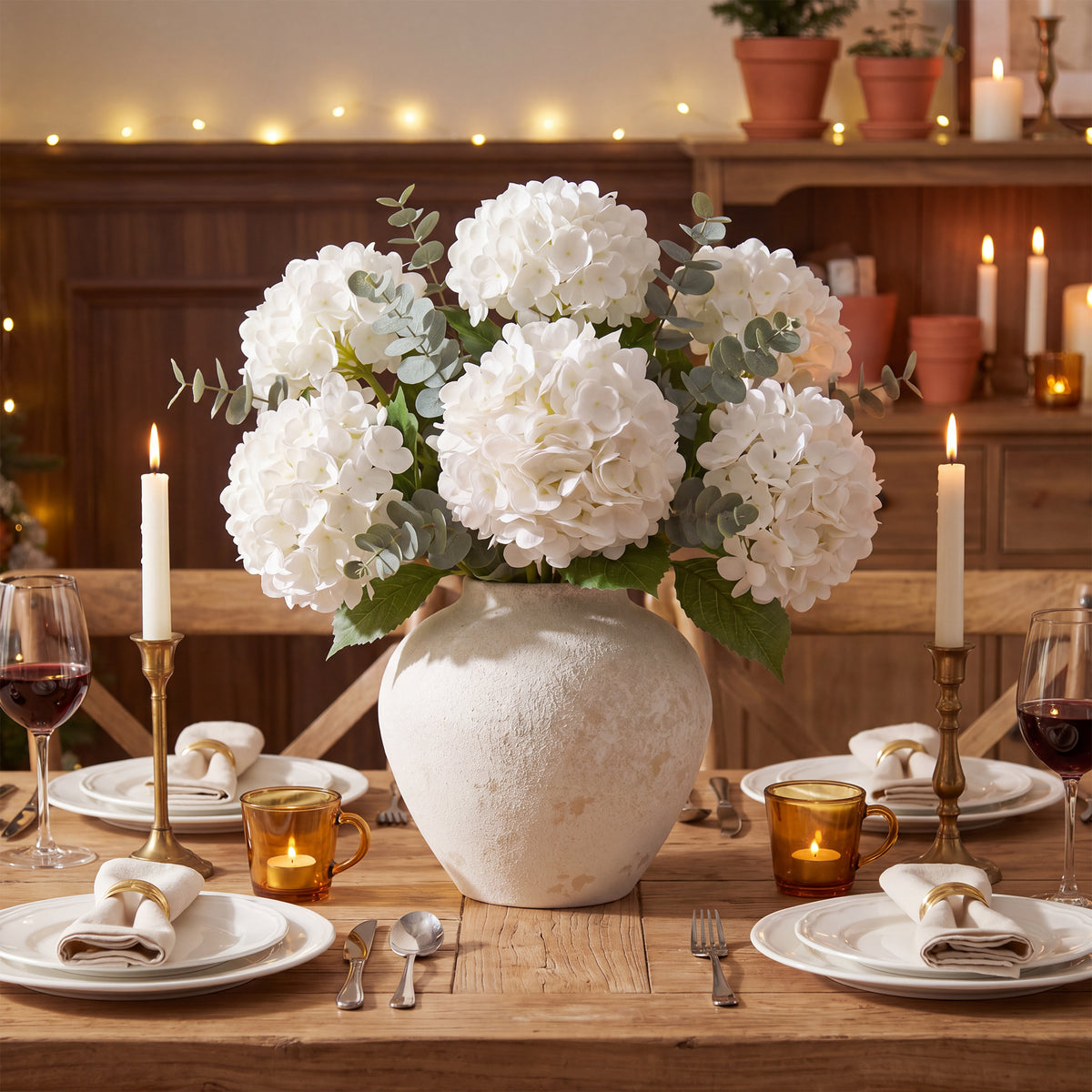 Pinkpum 6 Pcs White Hydrangea Artificial Flowers with Eucalyptus for Vase Total 12 Pcs, Latex Real Touch, Lifelike, 21 inch, For Home Decor Party Arrangements Wedding Bouquets Table Centerpieces