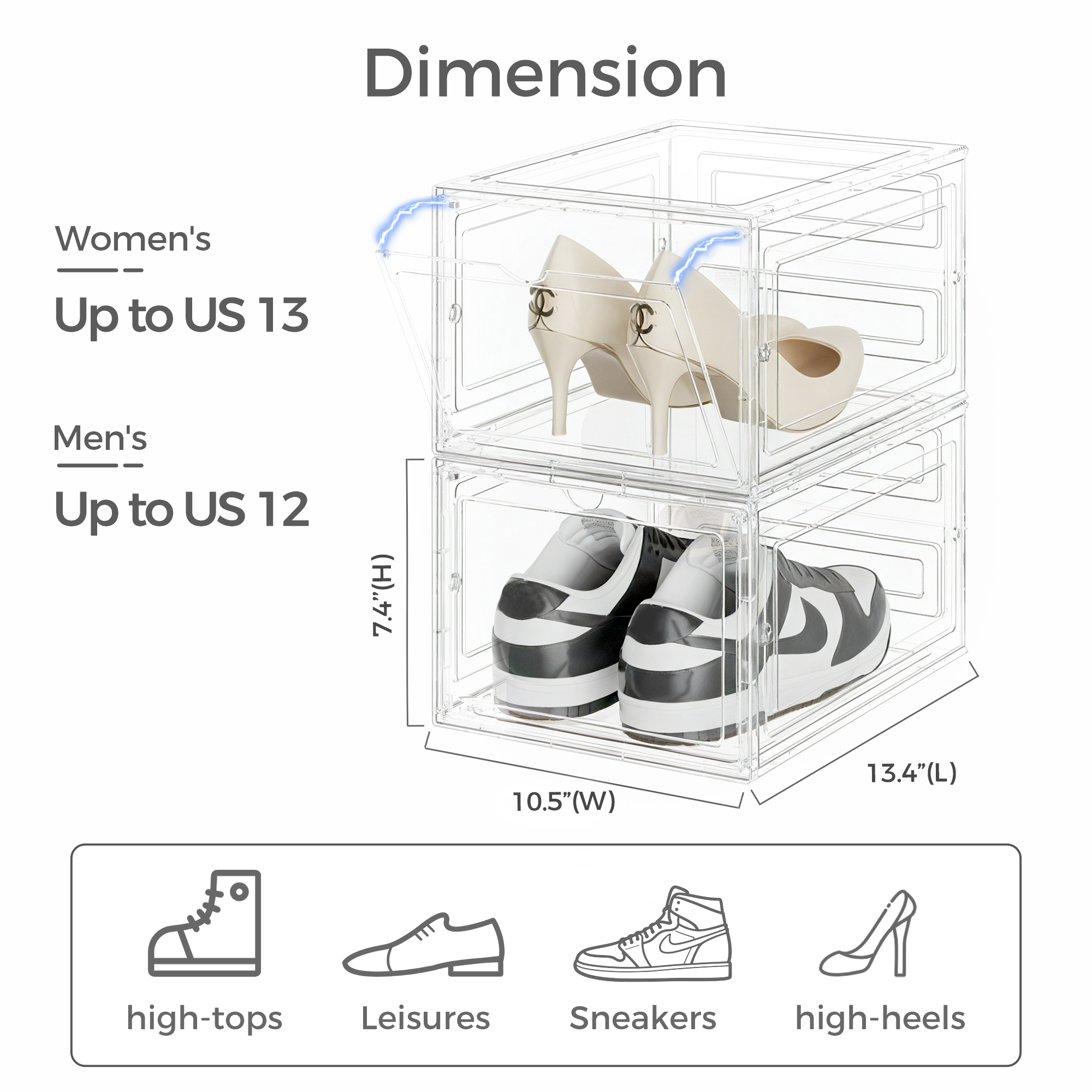 Upgraded Hard Shoe Storage Box 12 Pack X-Large Fit Size 12, Thicken & Sturdy Clear Plastic Stackable Shoe Organizer Box Closet, Sneaker Storage Display Case Holder Bins with Magnetic Door