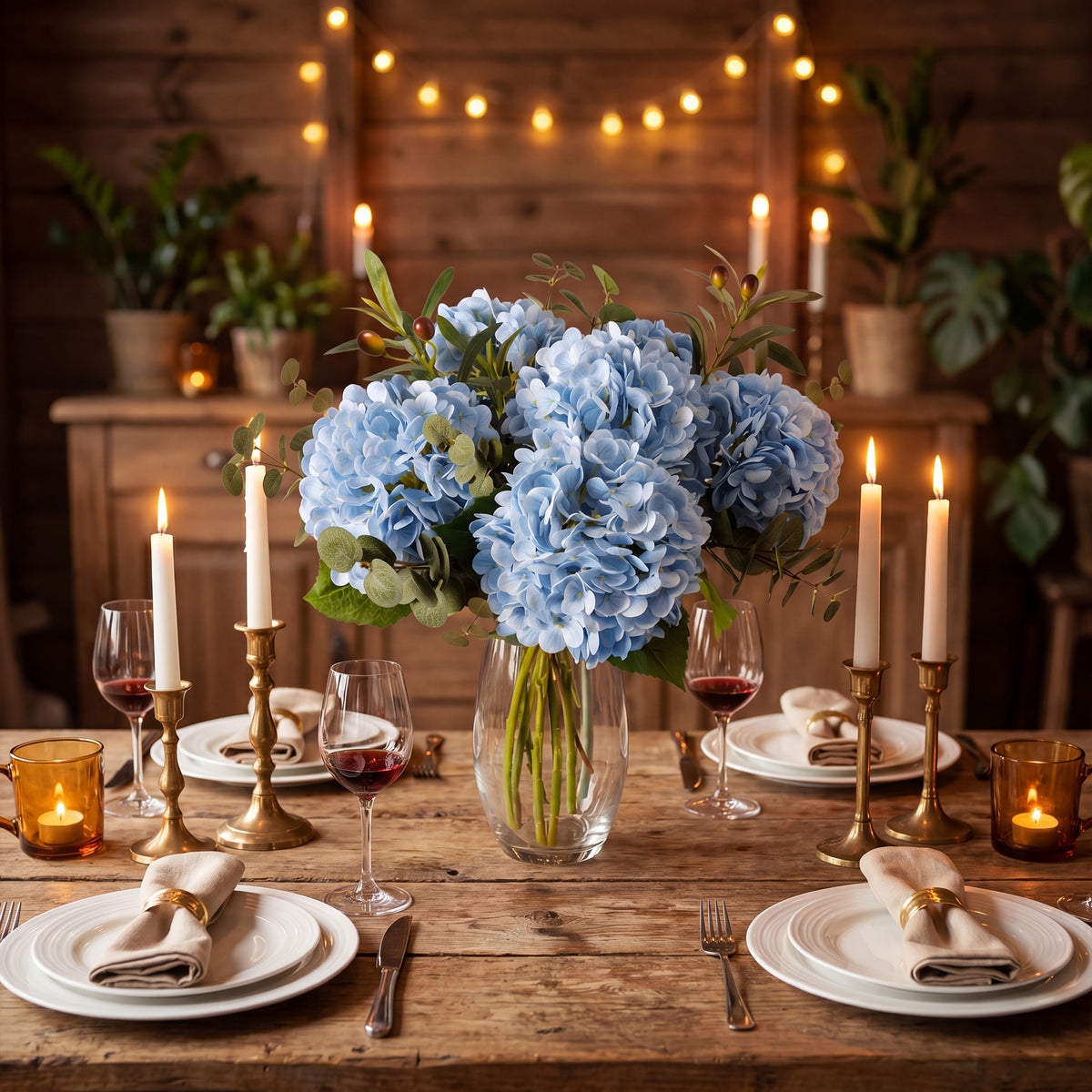 Pinkpum 6 Pcs Blue Hydrangea Artificial Flowers with Olives & Eucalyptus Total 12 Pcs, Latex Real Touch, Lifelike, 21 inch, for Vase Home Decor Party Arrangements Wedding Bouquets Table Centerpieces