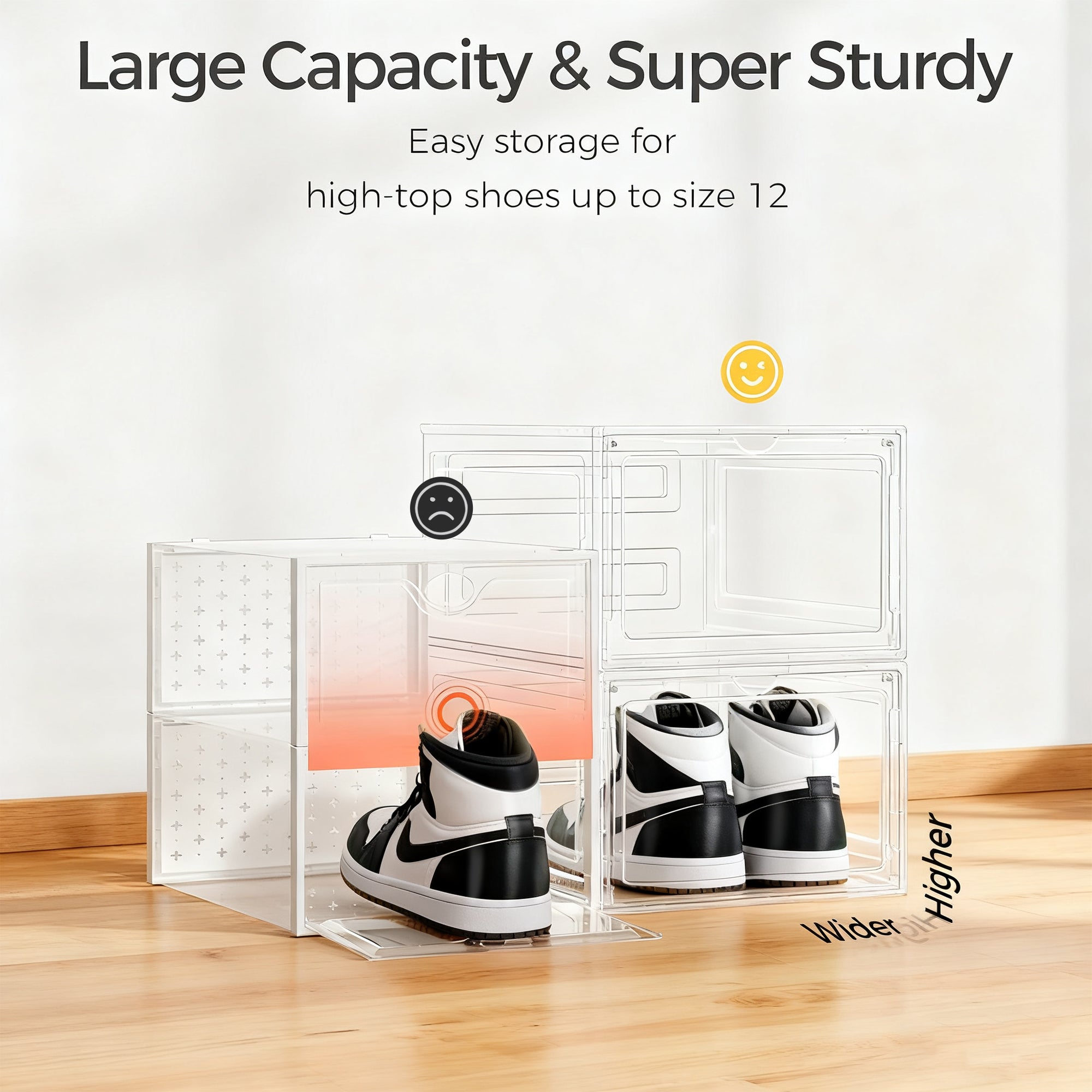 Upgraded Hard Shoe Storage Box 12 Pack X-Large Fit Size 12, Thicken & Sturdy Clear Plastic Stackable Shoe Organizer Box Closet, Sneaker Storage Display Case Holder Bins with Magnetic Door