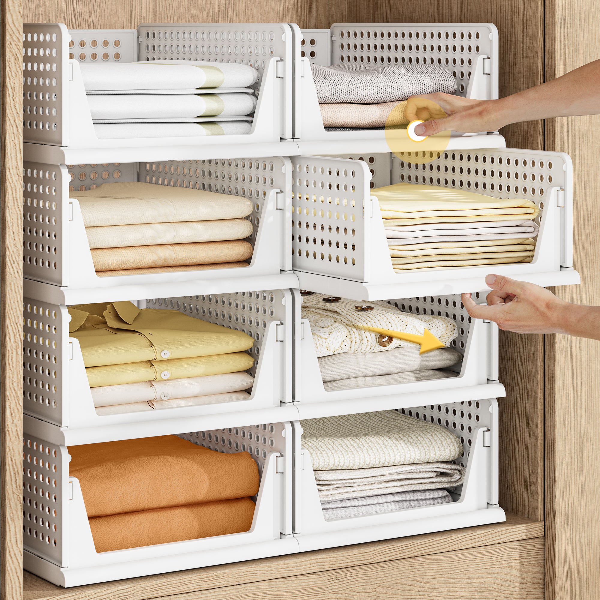 8 Pack Closet Organizers and Storage Plastic Stackable Storage Bins, Foldable Drawer Shelf Storage Container for Wardrobe Kitchen Bathroom Dorm White