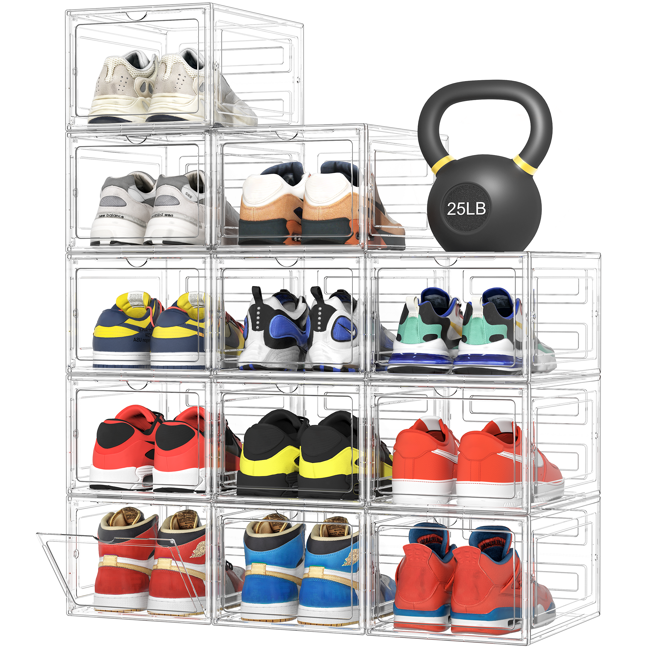 Upgraded Hard Shoe Storage Box 12 Pack X-Large Fit Size 12, Thicken & Sturdy Clear Plastic Stackable Shoe Organizer Box Closet, Sneaker Storage Display Case Holder Bins with Magnetic Door