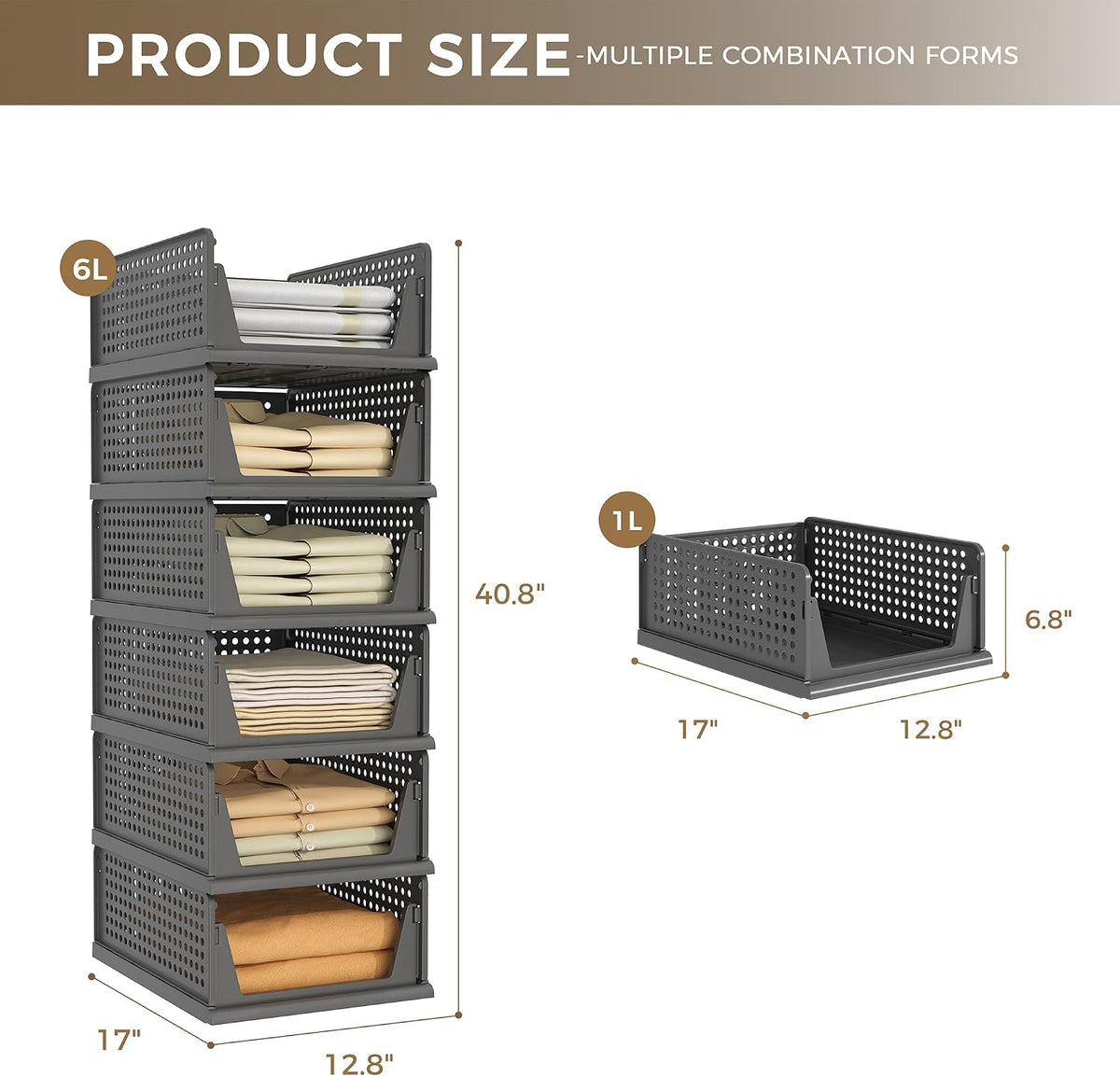 Pinkpum 6 Pack Closet Organizer Storage Bins Stackable Plastic Drawer Shelf Basket for Clothing Stackable Storage Bins Shelf Storage Container for Closet Wardrobe Bedroom Bathroom Office Black Foldable