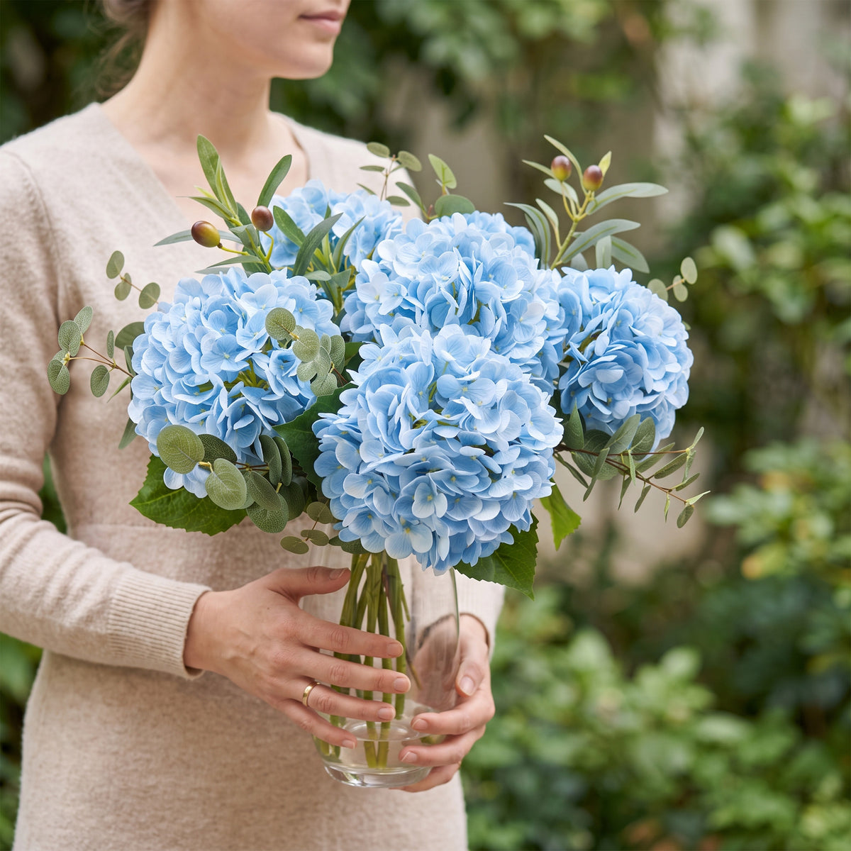 Pinkpum 6 Pcs Blue Hydrangea Artificial Flowers with Olives & Eucalyptus Total 12 Pcs, Latex Real Touch, Lifelike, 21 inch, for Vase Home Decor Party Arrangements Wedding Bouquets Table Centerpieces