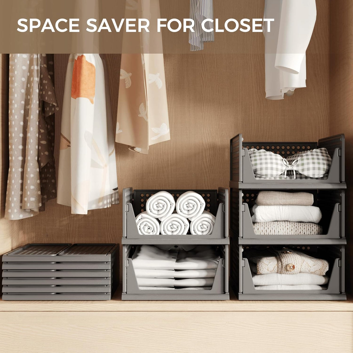 Pinkpum 6 Pack Closet Organizer Storage Bins Stackable Plastic Drawer Shelf Basket for Clothing Stackable Storage Bins Shelf Storage Container for Closet Wardrobe Bedroom Bathroom Office Black Foldable