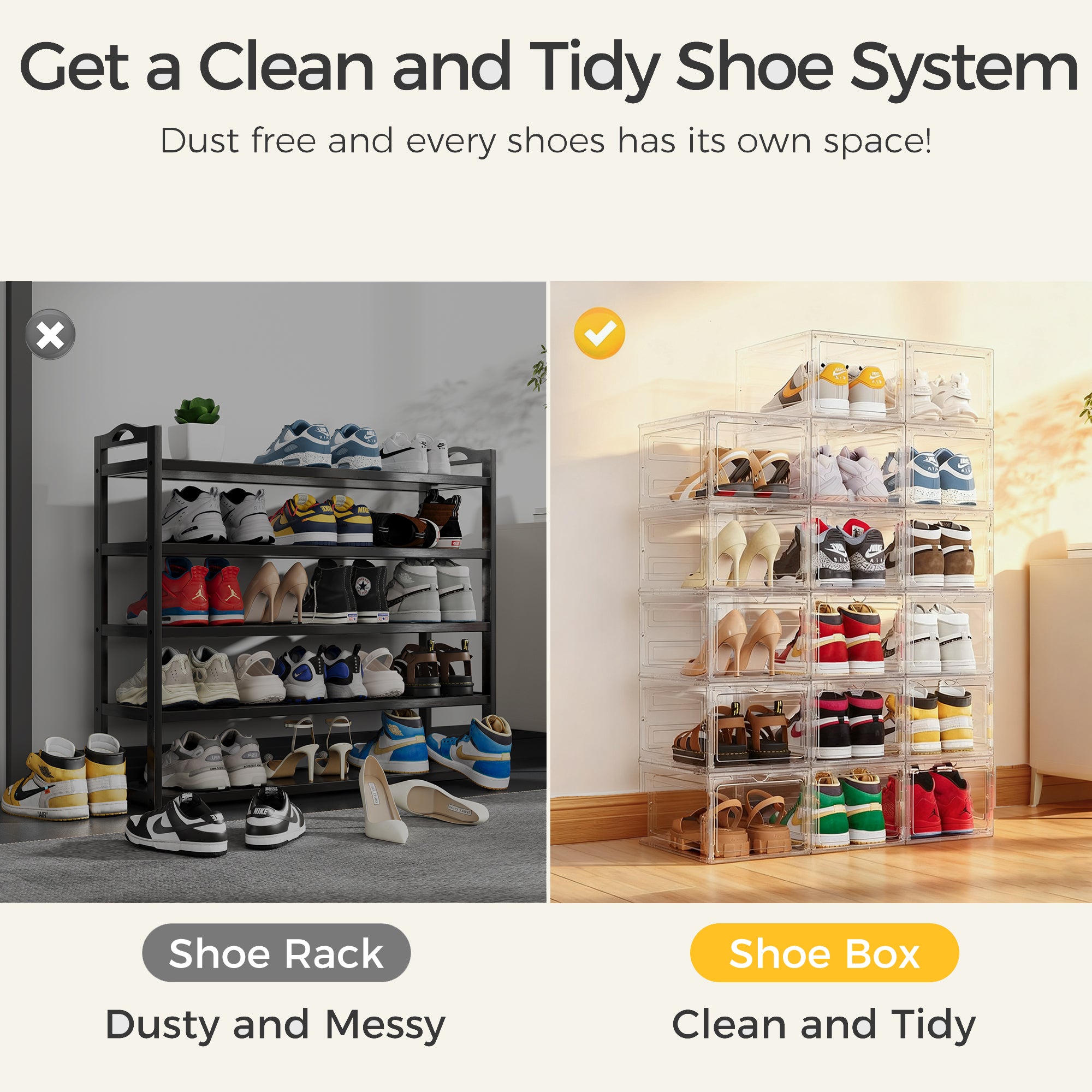 Upgraded Hard Shoe Storage Box 12 Pack X-Large Fit Size 12, Thicken & Sturdy Clear Plastic Stackable Shoe Organizer Box Closet, Sneaker Storage Display Case Holder Bins with Magnetic Door