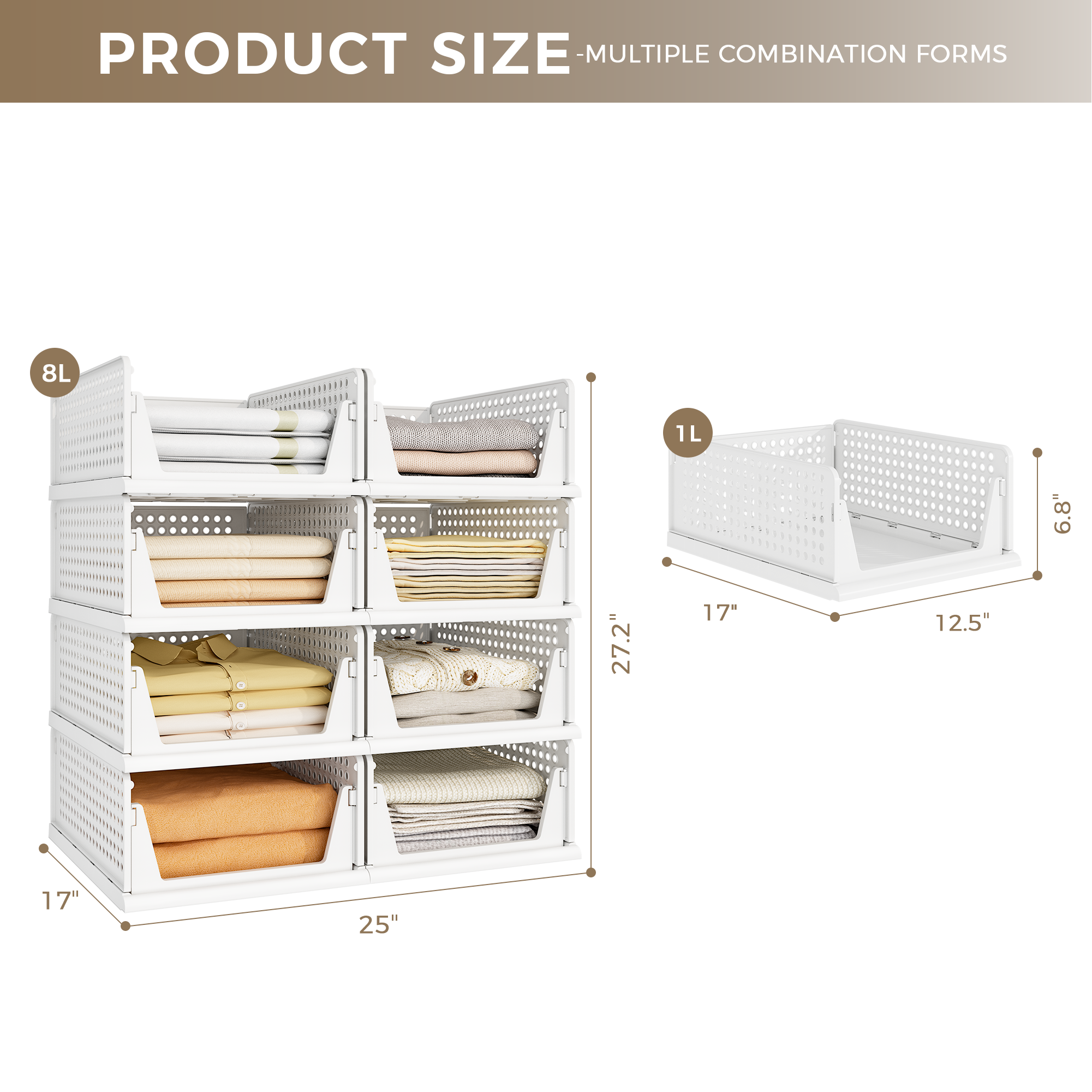 8 Pack Closet Organizers and Storage Plastic Stackable Storage Bins, Foldable Drawer Shelf Storage Container for Wardrobe Kitchen Bathroom Dorm White