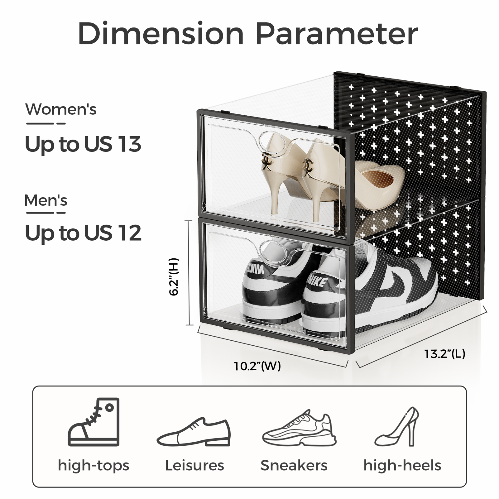 Pinkpum 15 Pack X-Large Shoe Storage Boxes Fit Size 11, Shoe Organizer for Closet Clear Plastic Stackable Shoe Dispaly Case Bins Holder, Sneaker Storage for Sneakerheads Black