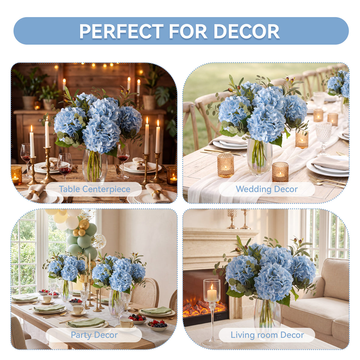 Pinkpum 6 Pcs Blue Hydrangea Artificial Flowers with Olives & Eucalyptus Total 12 Pcs, Latex Real Touch, Lifelike, 21 inch, for Vase Home Decor Party Arrangements Wedding Bouquets Table Centerpieces