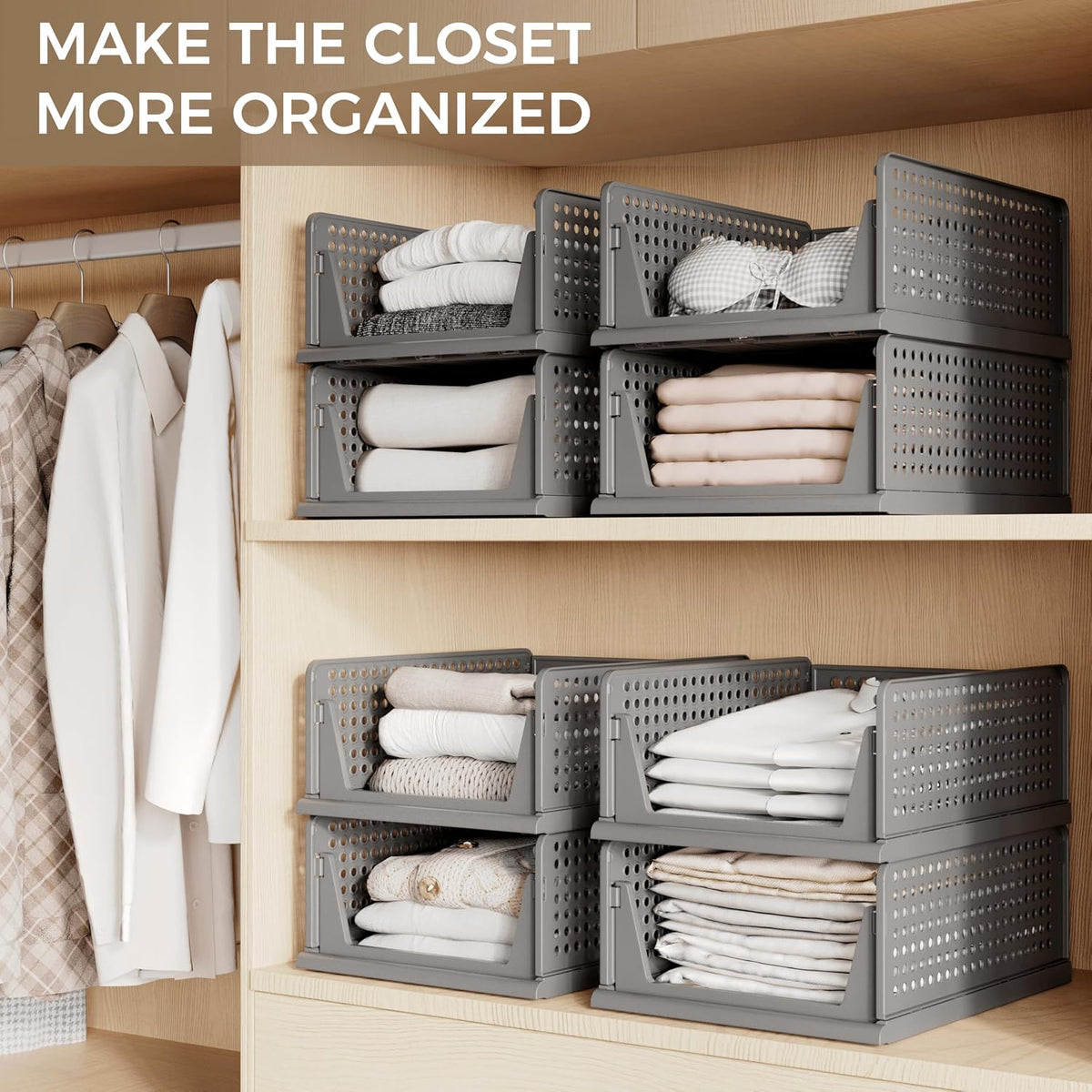 Pinkpum 6 Pack Closet Organizer Storage Bins Stackable Plastic Drawer Shelf Basket for Clothing Stackable Storage Bins Shelf Storage Container for Closet Wardrobe Bedroom Bathroom Office Black Foldable