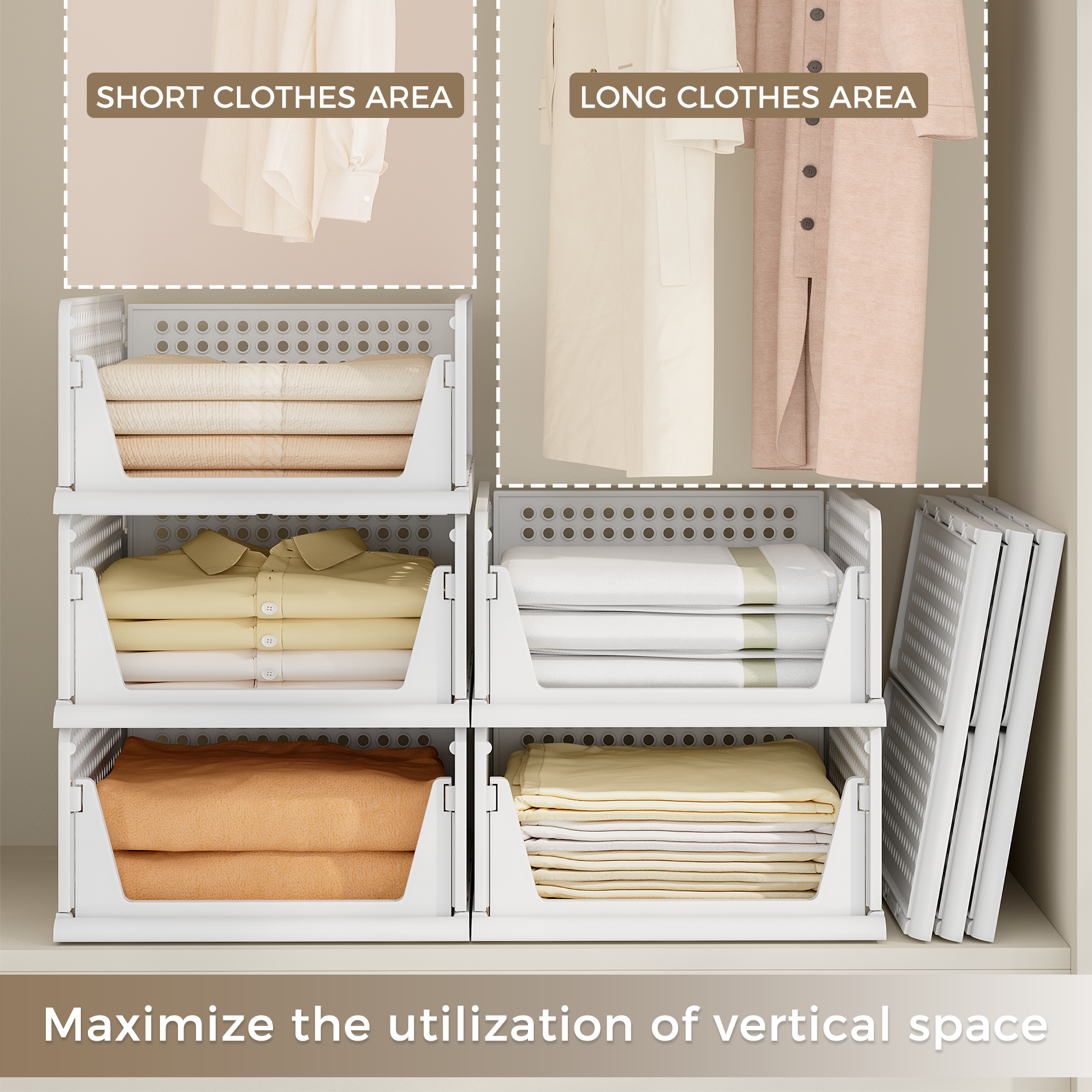 8 Pack Closet Organizers and Storage Plastic Stackable Storage Bins, Foldable Drawer Shelf Storage Container for Wardrobe Kitchen Bathroom Dorm White