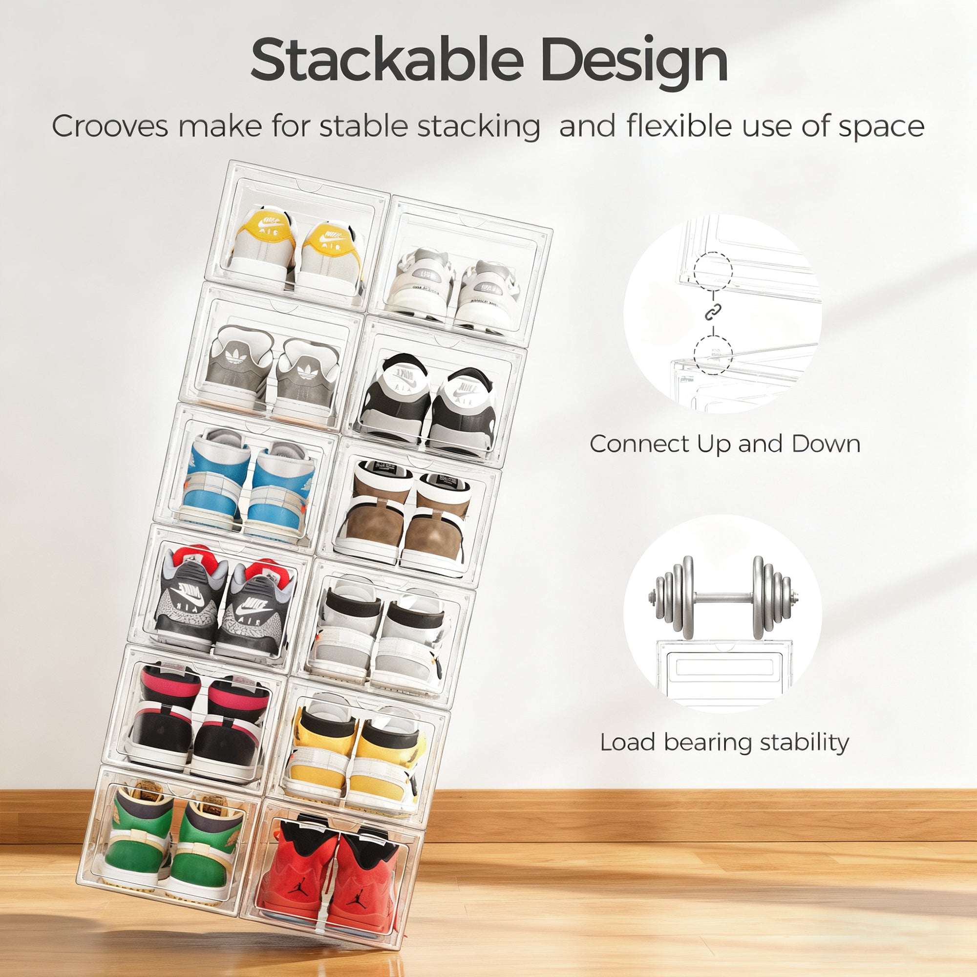 Upgraded Hard Shoe Storage Box 12 Pack X-Large Fit Size 12, Thicken & Sturdy Clear Plastic Stackable Shoe Organizer Box Closet, Sneaker Storage Display Case Holder Bins with Magnetic Door