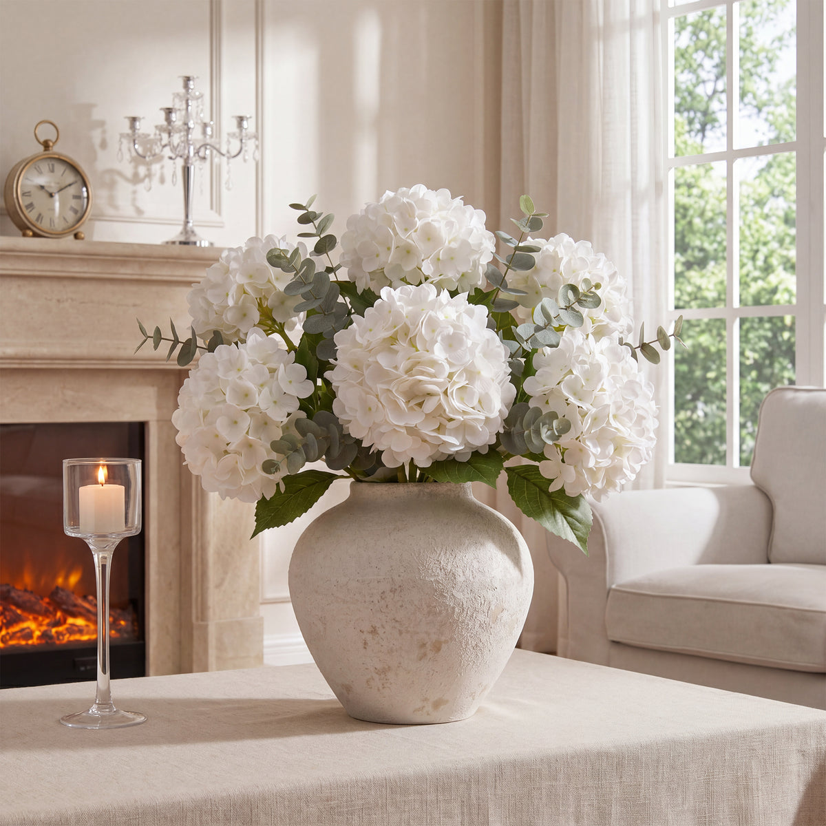 Pinkpum 6 Pcs White Hydrangea Artificial Flowers with Eucalyptus for Vase Total 12 Pcs, Latex Real Touch, Lifelike, 21 inch, For Home Decor Party Arrangements Wedding Bouquets Table Centerpieces