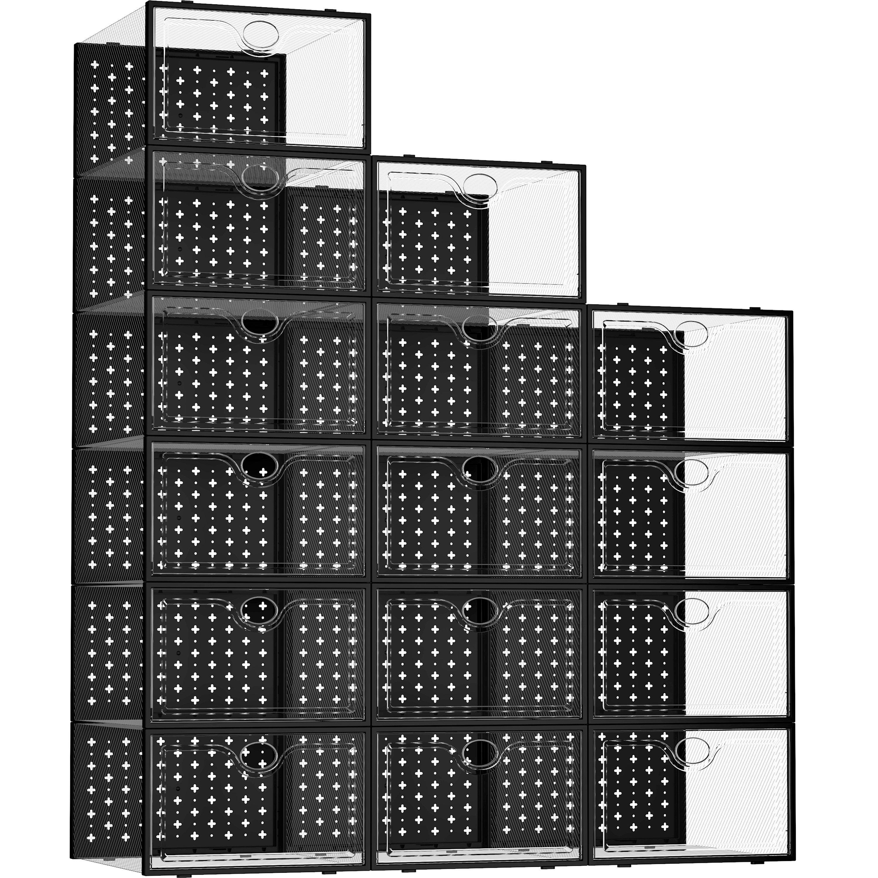 Pinkpum 15 Pack X-Large Shoe Storage Boxes Fit Size 11, Shoe Organizer for Closet Clear Plastic Stackable Shoe Dispaly Case Bins Holder, Sneaker Storage for Sneakerheads Black