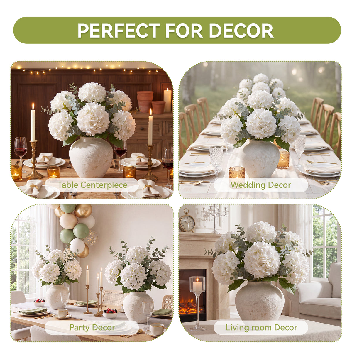 Pinkpum 6 Pcs White Hydrangea Artificial Flowers with Eucalyptus for Vase Total 12 Pcs, Latex Real Touch, Lifelike, 21 inch, For Home Decor Party Arrangements Wedding Bouquets Table Centerpieces
