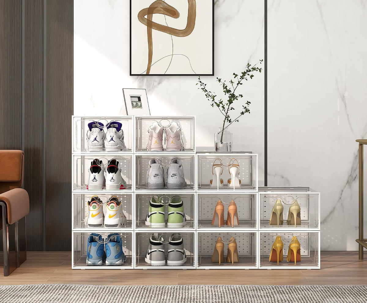 Pinkpum XXL 12 Pack Shoe Storage Box Clear Plastic Stackable Shoe Organizer Large Capacity for Size 14, 6.8” Height for High Shoes, Ventilation Holes, Sneaker Storage for Sneakerheads, Closet Entryway