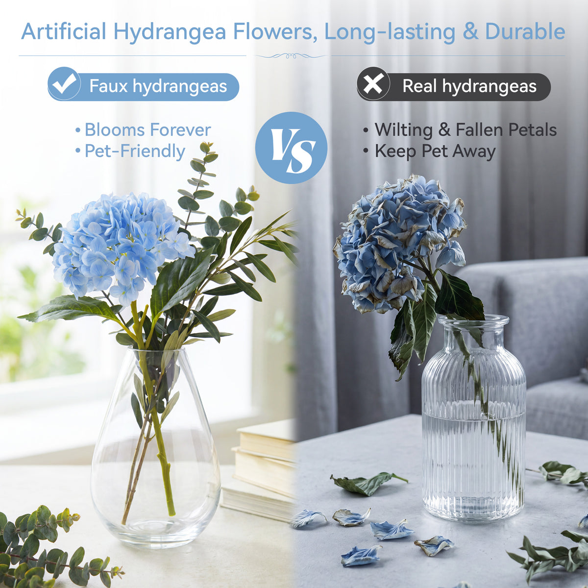 Pinkpum 6 Pcs Blue Hydrangea Artificial Flowers with Olives & Eucalyptus Total 12 Pcs, Latex Real Touch, Lifelike, 21 inch, for Vase Home Decor Party Arrangements Wedding Bouquets Table Centerpieces