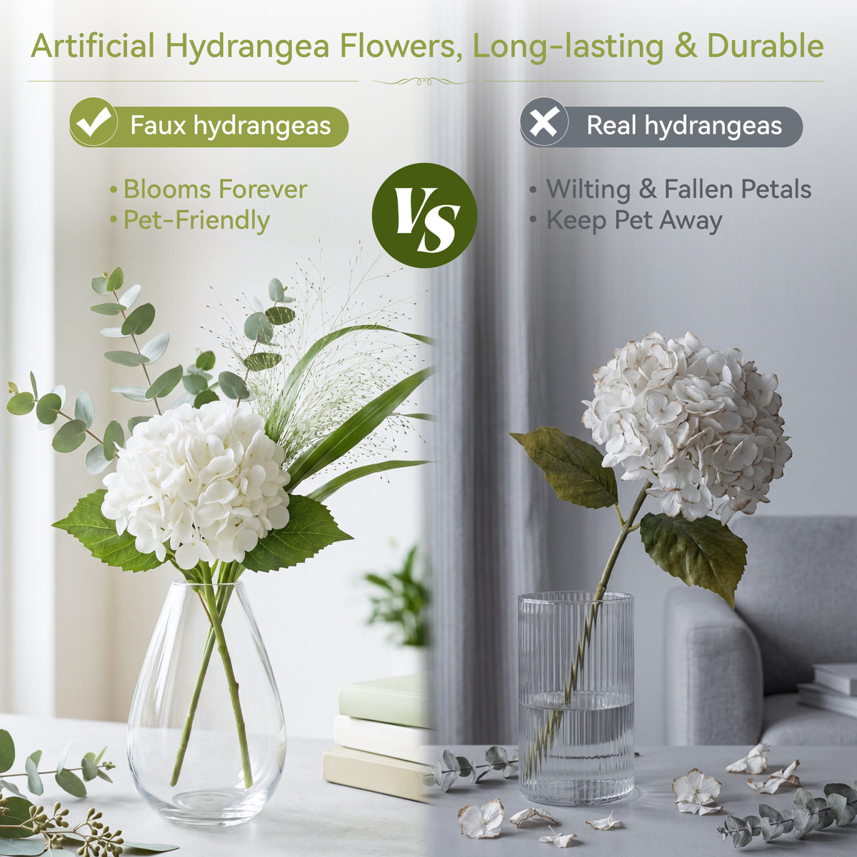 Pinkpum 6 Pcs White Hydrangea Artificial Flowers with Eucalyptus for Vase Total 12 Pcs, Latex Real Touch, Lifelike, 21 inch, For Home Decor Party Arrangements Wedding Bouquets Table Centerpieces