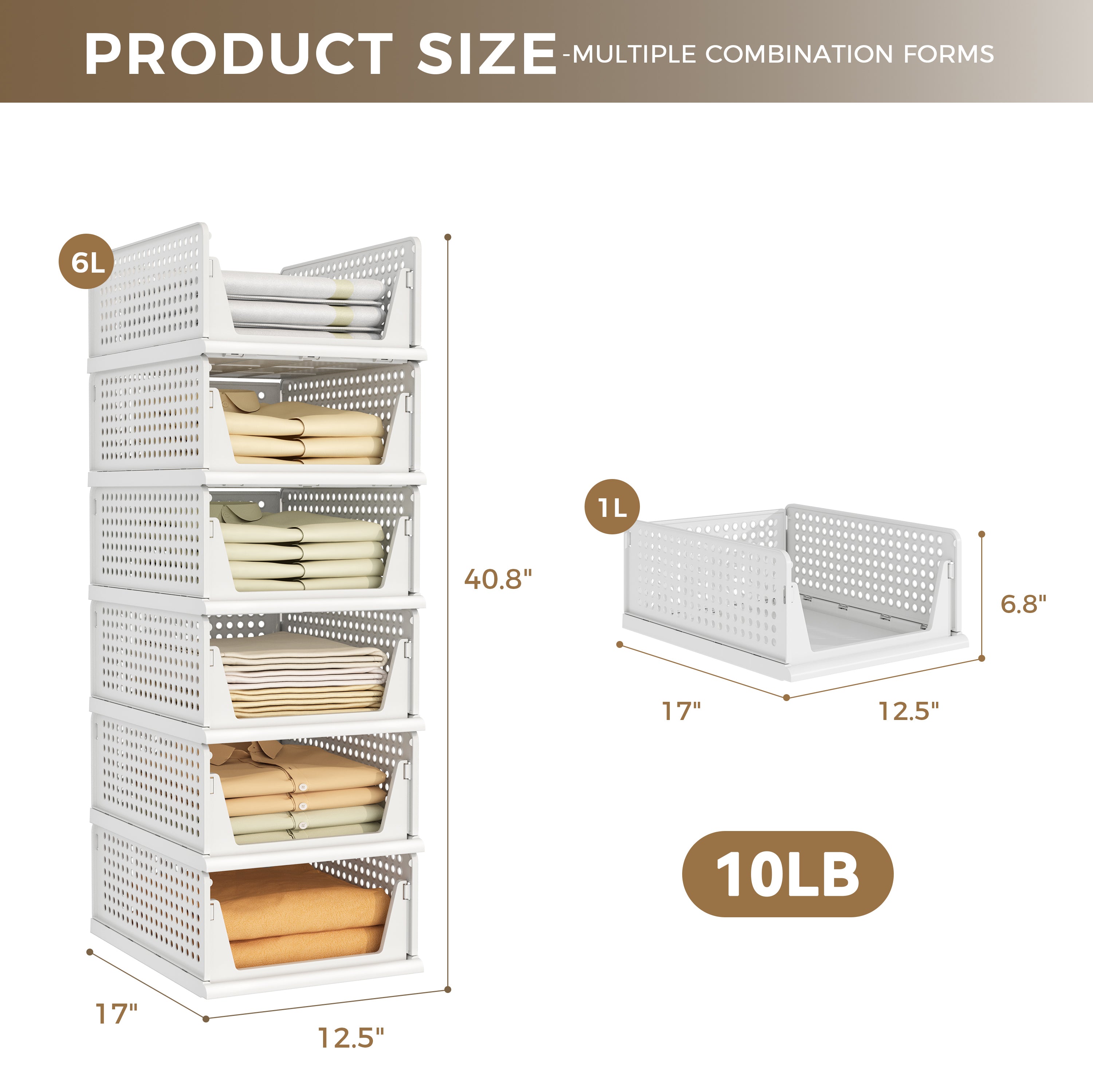 Pinkpum 6 Pack Closet Organizers Storage Bins, Stackable Plastic Drawer Basket for Clothing, Stackable Storage Bins Shelf Storage Container for Closet Wardrobe Bedroom Bathroom Office White