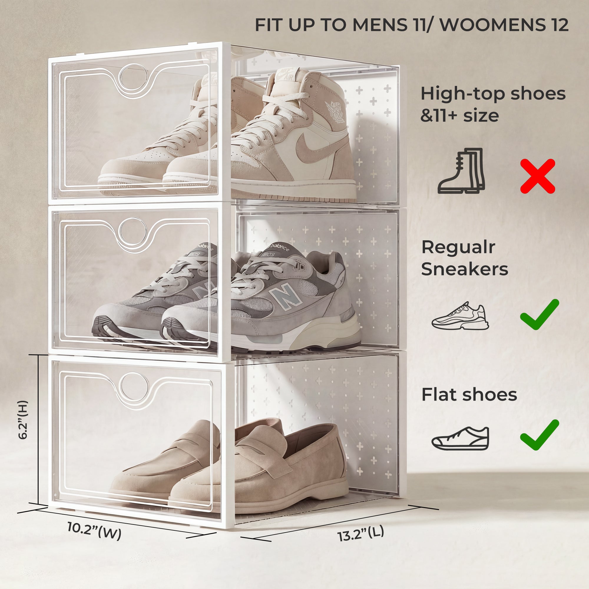 Pinkpum 15 Pack X-Large Shoe Storage Boxes, Shoe Organizer Clear Stackable Fit US Size 11, 6.2” Height, Shoe Dispaly Case Holder Bins Sneaker Storage for Sneakerheads, For Home and Family, White