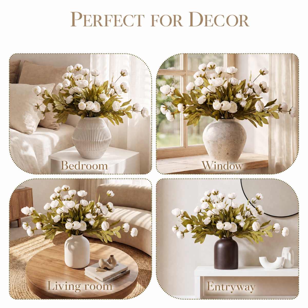 Pinkpum 12 Pcs Faux Silk Peony Artificial Flowers for Vase Decor White 27", Bulk Fake Peonies Branches with Stems for DIY, Bouquet Centerpieces Wedding Fillers Arrangements Shower Decorations