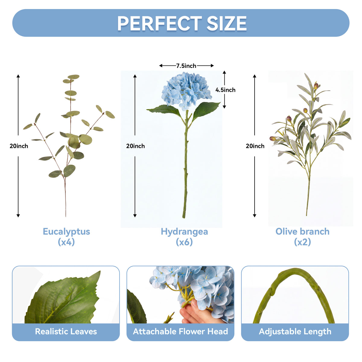 Pinkpum 6 Pcs Blue Hydrangea Artificial Flowers with Olives & Eucalyptus Total 12 Pcs, Latex Real Touch, Lifelike, 21 inch, for Vase Home Decor Party Arrangements Wedding Bouquets Table Centerpieces