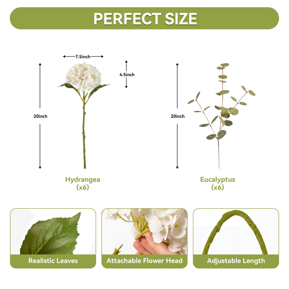 Pinkpum 6 Pcs White Hydrangea Artificial Flowers with Eucalyptus for Vase Total 12 Pcs, Latex Real Touch, Lifelike, 21 inch, For Home Decor Party Arrangements Wedding Bouquets Table Centerpieces
