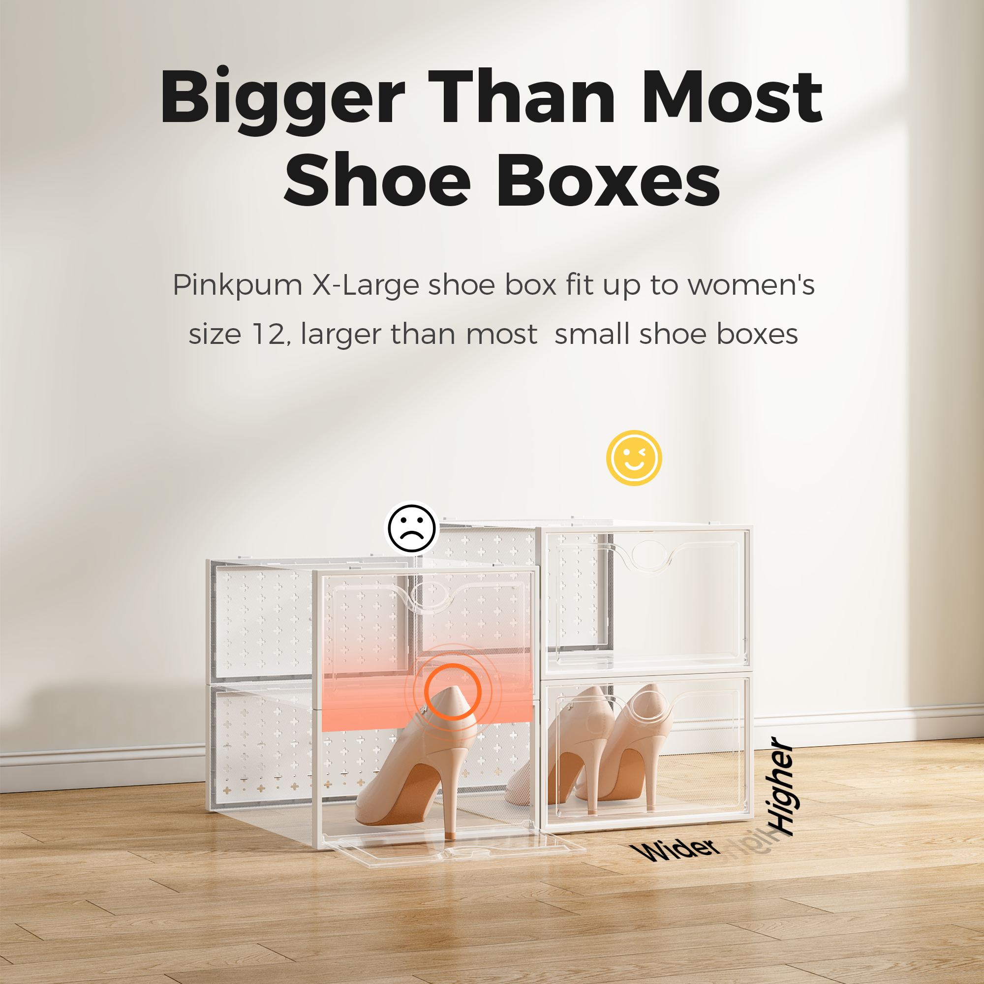 Pinkpum 15 Pack X-Large Shoe Storage Boxes, Shoe Organizer Clear Stackable Fit US Size 11, 6.2” Height, Shoe Dispaly Case Holder Bins Sneaker Storage for Sneakerheads, For Home and Family, White