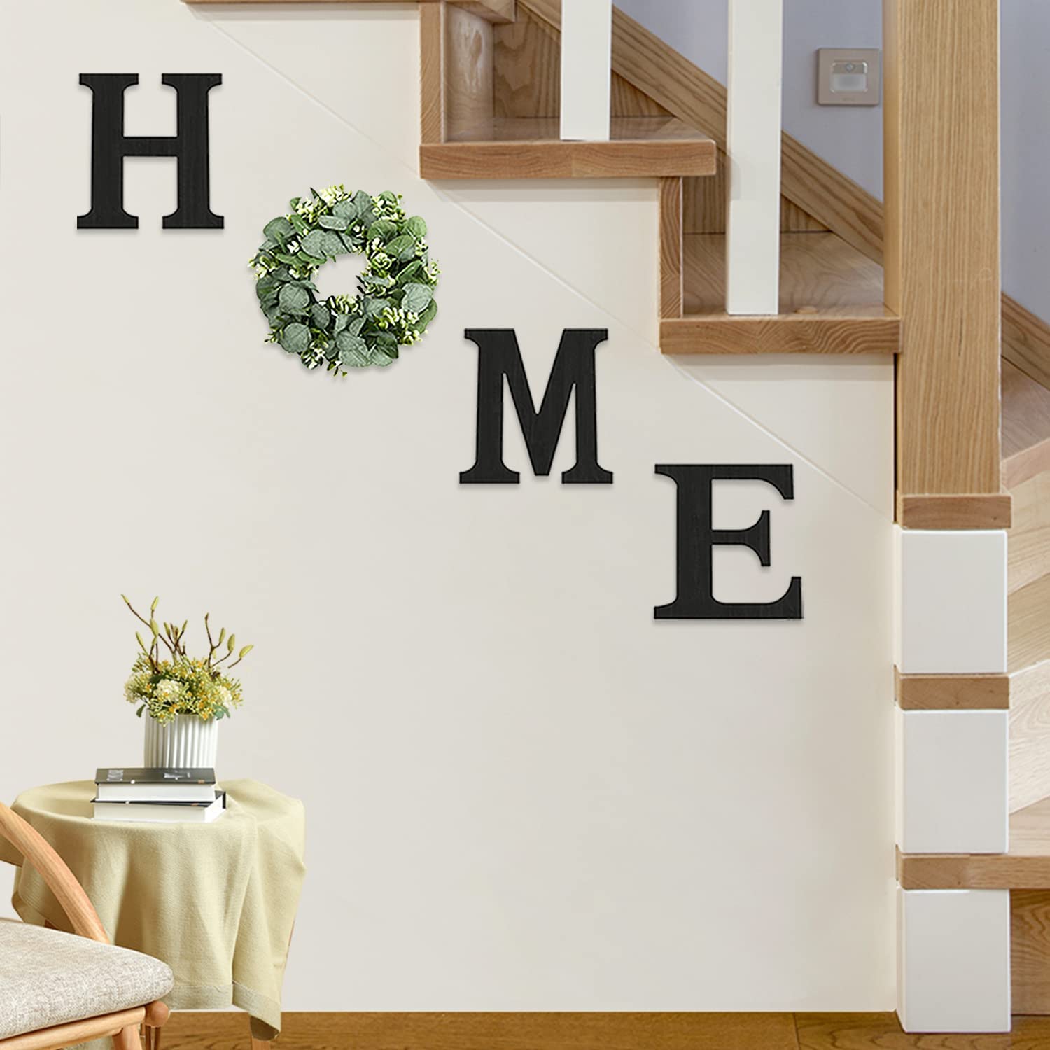 Wood Home Sign with Artificial Eucalyptus Wreath for O, Hanging Farmhouse Wall House Decor - Wood Home Letters for Wall Art Rustic Home Decor, Home Wall Decor for Living Room Kitchen Entryway Housewarming Gift (Black)