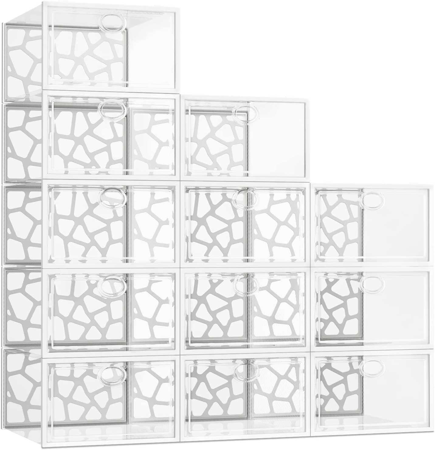 PINKPUM Large Shoe Boxes Clear Plastic Stackable, 12 Pack Shoe Storage Box Organizer for Closets, Foldable Sneaker Storage Fit for Size 11