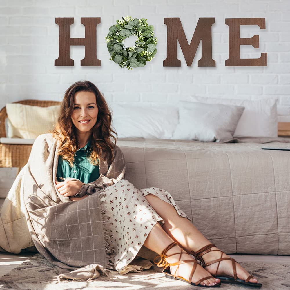 Home Sign Wall Decor Wooden Hanging Wood Home Letters for Wall Art with Artificial Eucalyptus Wreath Rustic Home Decor Farmhouse, Wall Decor for Living Room Kitchen Entryway Housewarming Gift (Brown)