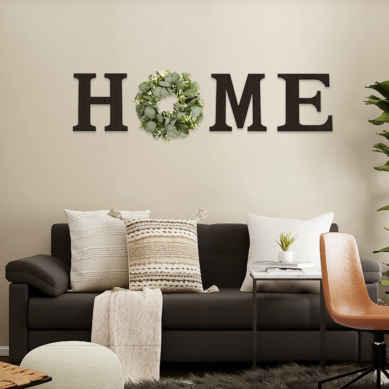 Wood Home Sign with Artificial Eucalyptus Wreath for O, Hanging Farmhouse Wall House Decor - Wood Home Letters for Wall Art Rustic Home Decor, Home Wall Decor for Living Room Kitchen Entryway Housewarming Gift (Black)
