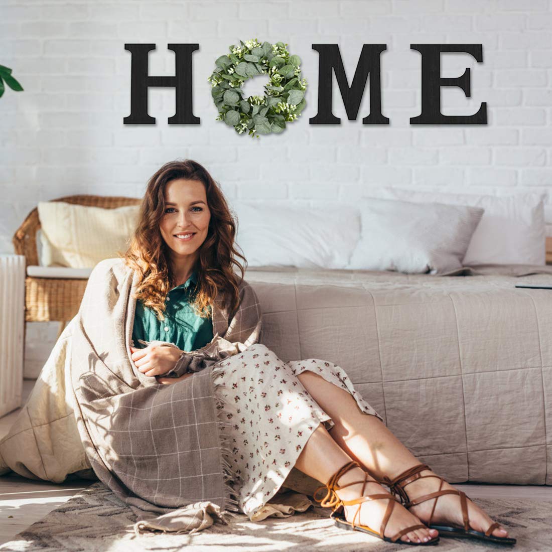 Wood Home Sign with Artificial Eucalyptus Wreath for O, Hanging Farmhouse Wall House Decor - Wood Home Letters for Wall Art Rustic Home Decor, Home Wall Decor for Living Room Kitchen Entryway Housewarming Gift (Black)